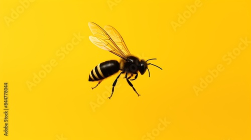 A bright bee fly with a solid yellow background. © Faisu