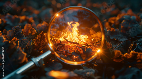 Closeup of a magnifying glass with sun shines through the glass to start a small fire on a bunch of sticks outdoor