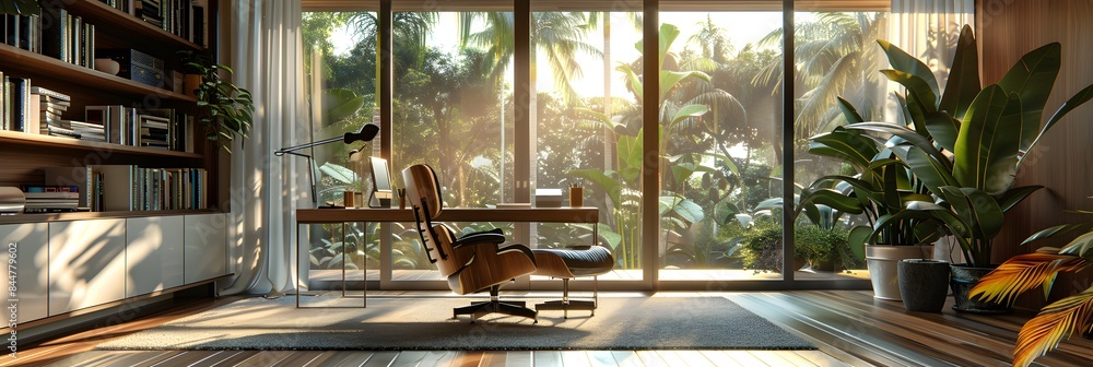 modern home office with eames chair and desk, floor to ceiling windows, wood floors modern home office with eames chair and desk, floor to ceiling windows, wood floors