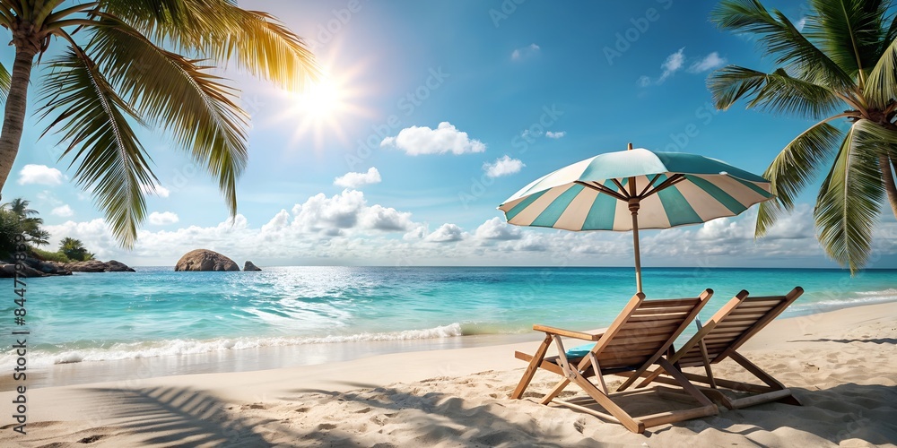 Ocean, sea, sand, beach, summer landscape, blue sky and clear ocean on the beach there is an umbrella and a shell palm tree, AI generated background, wallpaper Ocean, sea, sand, beach, summer landscape, blue sky and clear ocean on the beach there is an umbrella and a shell palm tree, AI generated background, wallpaper