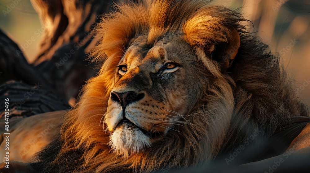 Naklejka premium Majestic lion resting in the African wilderness, AI Generative.