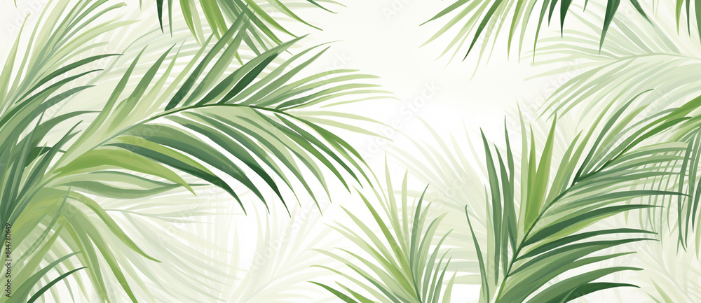 A seamless pattern of light green palm leaves, their delicate silhouettes blending seamlessly with the background in soft shades of cream and beige. A seamless pattern of light green palm leaves, their delicate silhouettes blending seamlessly with the background in soft shades of cream and beige.