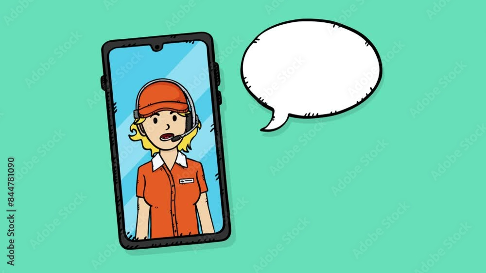 Animation of a phone call to a fast food restaurant. The employee who is speaking is displayed on the phone screen. A cloud appears next to the phone with space for text or an icon. Animation of a phone call to a fast food restaurant. The employee who is speaking is displayed on the phone screen. A cloud appears next to the phone with space for text or an icon.
