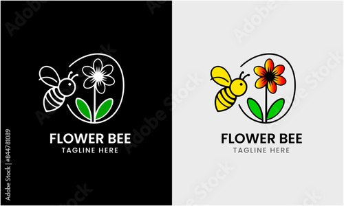 Bee icon, bee leaf logo sample, natural green yellow bee honey concept photo template