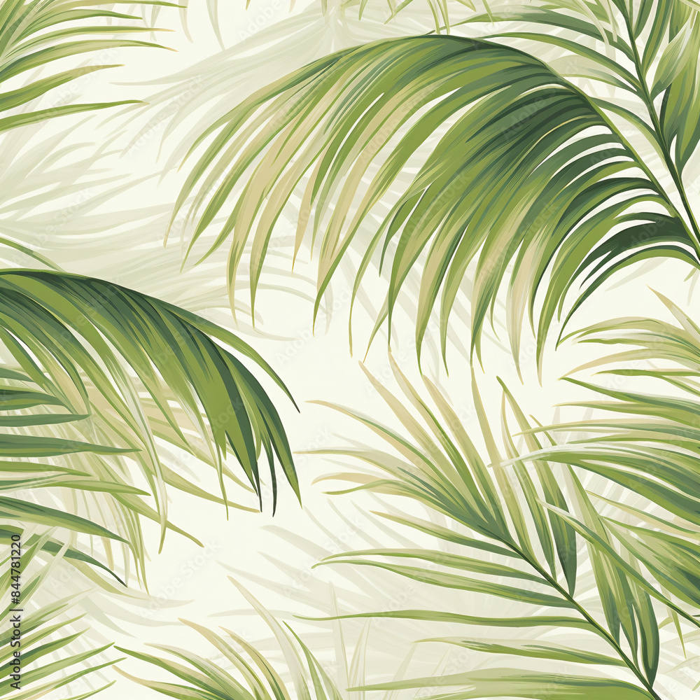 A seamless pattern of light green palm leaves, their delicate silhouettes blending seamlessly with the background in soft shades of cream and beige. A seamless pattern of light green palm leaves, their delicate silhouettes blending seamlessly with the background in soft shades of cream and beige.
