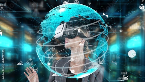 Woman looking around analyzed world finance data through VR glasses uploading turn around global interface digital infographic network technology virtual 3D reality animation at server. Contraption. © Summit Art Creations