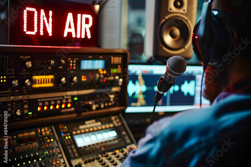 Radio host working in the radio broadcasting studio, he is On Air and enjoying the music, with writing “ON AIR”

