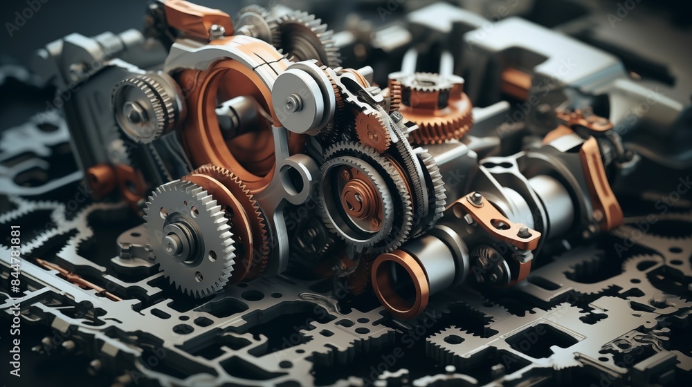 Fototapeta premium Detailed visual journey of auto engine disassembly showcasing intricate components and gears. Concept Automotive Engineering, Engine Disassembly, Intricate Components, Gears, Visual Journey.