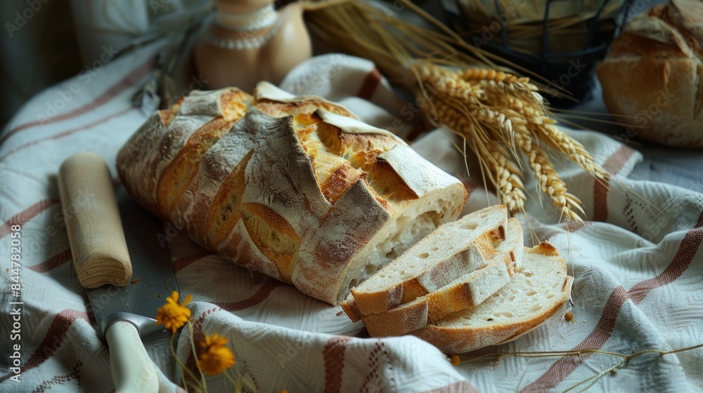 freshly baked bread on checkered tablecloth generative ai