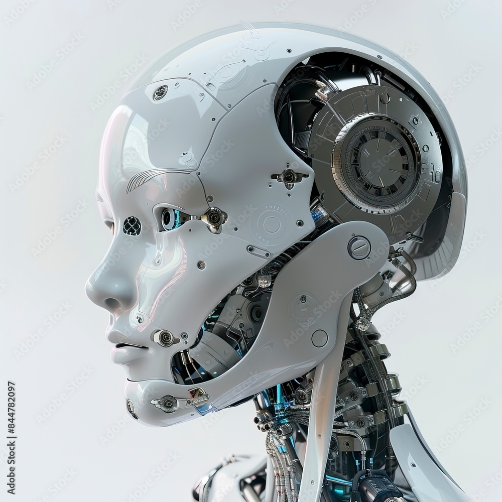 Fototapeta premium Artificial intelligence in humanoid head with neural network thinks, brain drawing