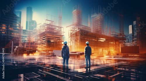 digital building construction engineering with double exposure graphic design. Building engineers, architect people, or construction workers working.