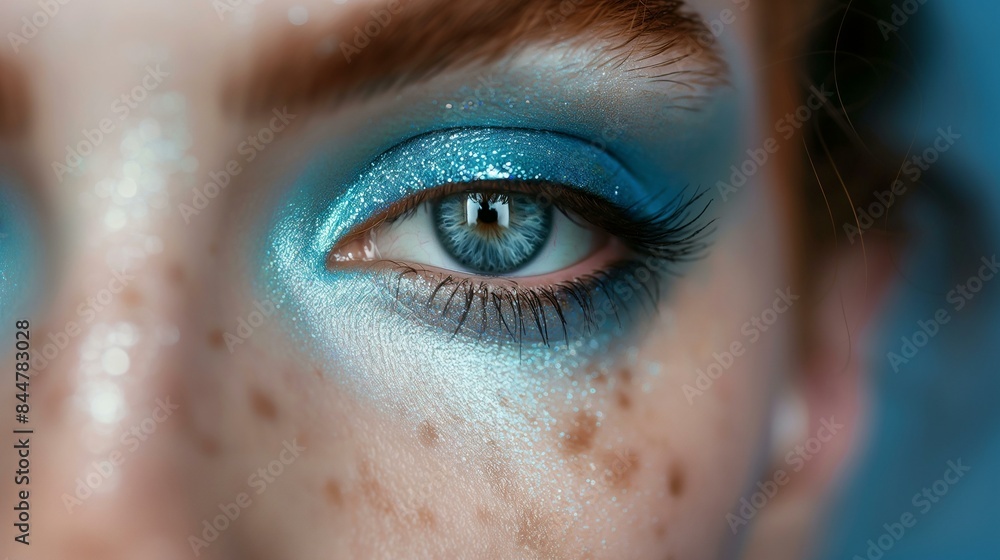 Close-up of Eye with Blue Glitter Eyeshadow and Long Eyelashes Close-up of Eye with Blue Glitter Eyeshadow and Long Eyelashes