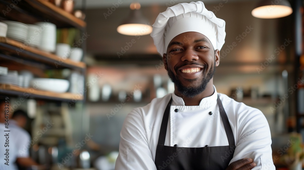 Smiling Chef in Professional Kitchen Showcasing Culinary Skills Smiling Chef in Professional Kitchen Showcasing Culinary Skills