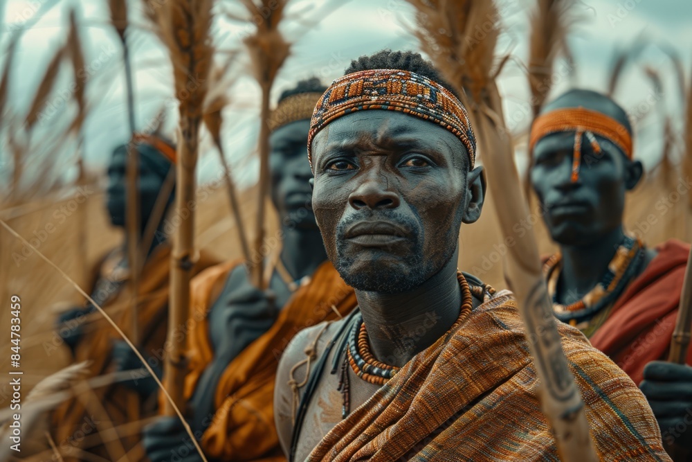 the african tribesmen are standing in the tall grass the african tribesmen are standing in the tall grass