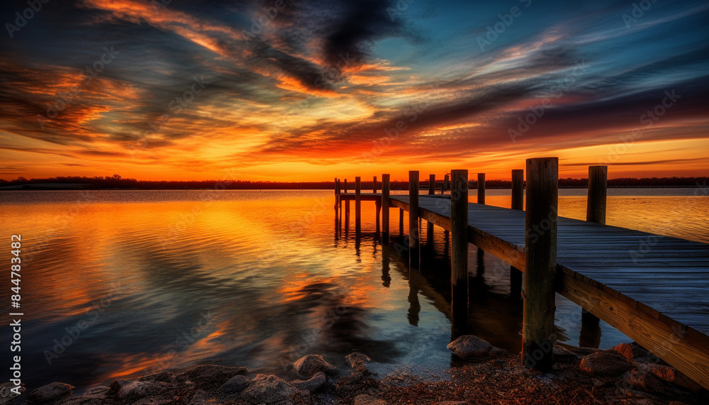 Fototapeta premium Orange tree silhouettes reflect on tranquil waters generated by AI