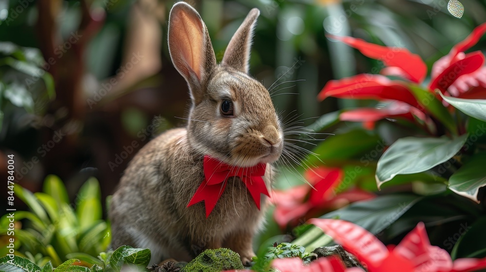 Fototapeta premium A rabbit wearing a red ribbon is standing in a garden