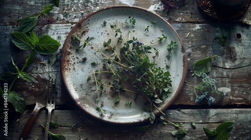 plate with some herbs scattered around it generative ai