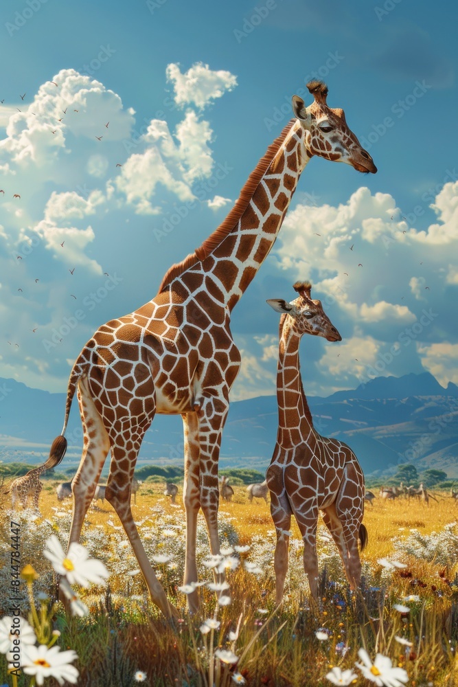 Obraz premium Giraffe Mother and Calf in grassland africa savannah. Giraffe family wallpaper in natural habitat