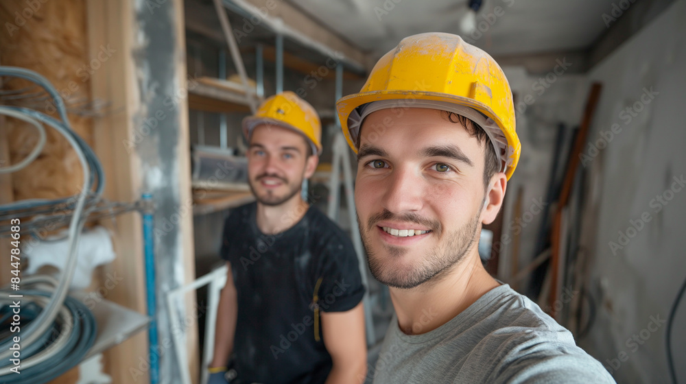 Labor Day, Young Men In Hard Hats Take Selfies On A Smartphone During Repairs. Labor Day, Young Men In Hard Hats Take Selfies On A Smartphone During Repairs.