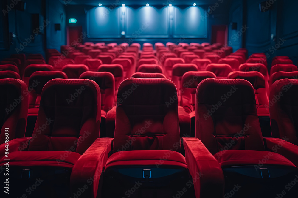 Empty cinema hall with red seats. Movie theatre
