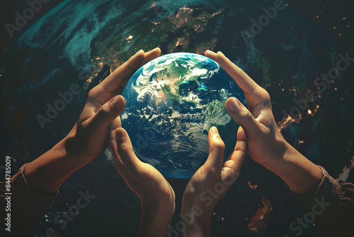 Digital Art of several hands holding the planet Earth photo