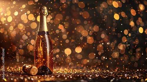 Elegant Champagne Bottle with Bokeh Lights Background - Festive Celebration, Sparkling Wine, Luxury Party, Golden Bubbles, New Year's Eve, Wedding Toast, Holiday Cheers, Special Occasion