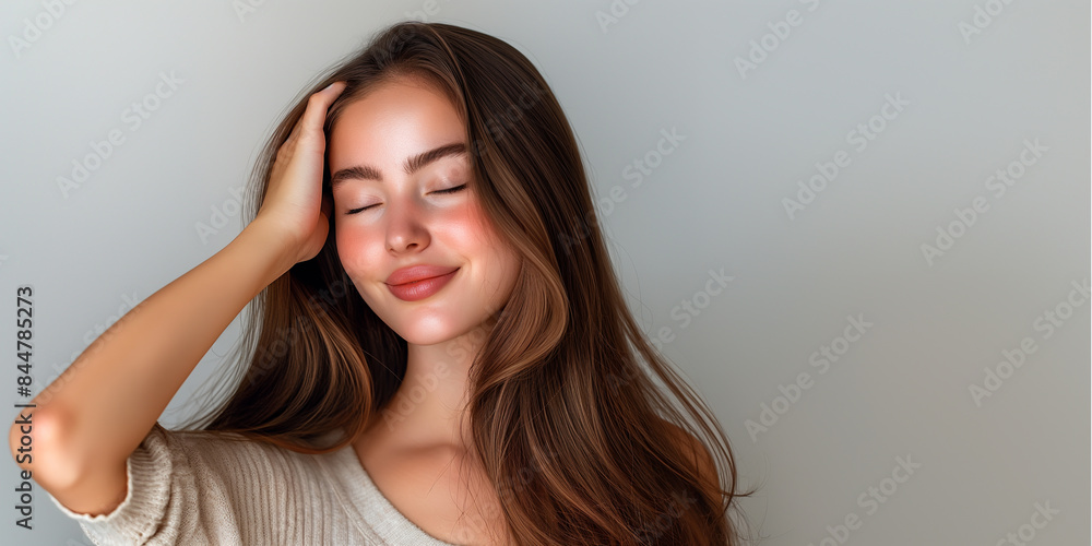 Obraz premium Hair. Beauty Fashion Model Woman touching her Long and Healthy Hair. Beauty Brunette Girl isolated on white background.