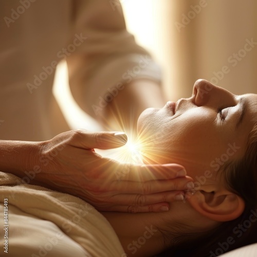 Radiant hands conducting energy healing over a tranquil body