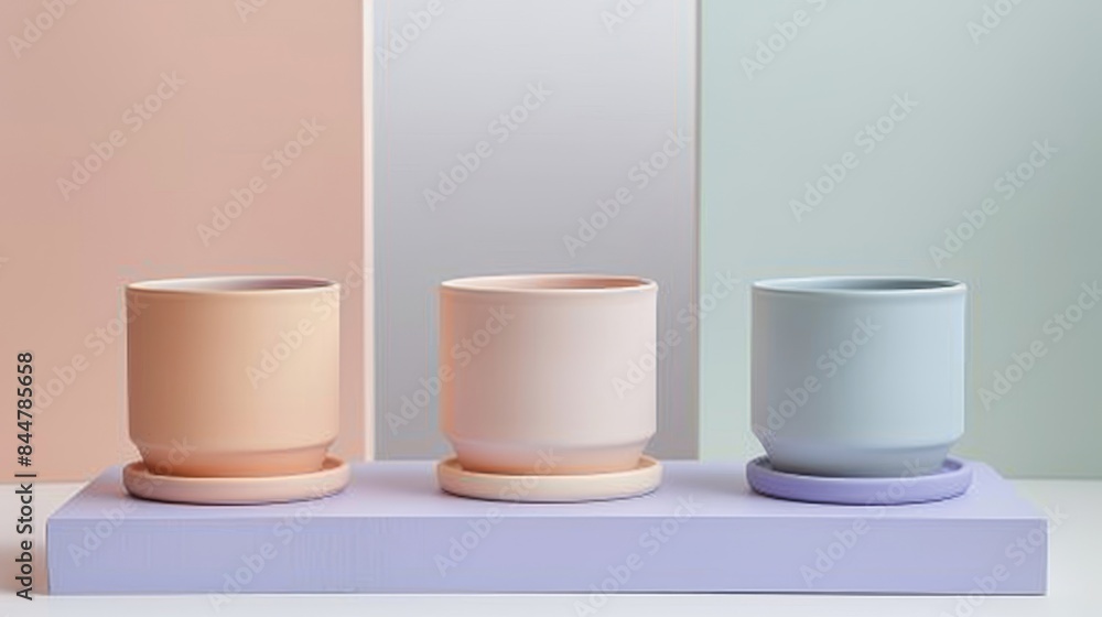 Three tall cylinders of different colors, one of which is pink Three tall cylinders of different colors, one of which is pink