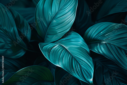 Close-up detail macro texture bright blue green leaf tropical forest plant spathiphyllum cannifolium in dark nature background. Curve leaf floral botanical abstract desktop wallpaper  website backdrop