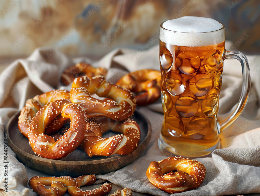 A mug of beer sits on a wooden table next to a plate of pretzels A mug of beer sits on a wooden table next to a plate of pretzels