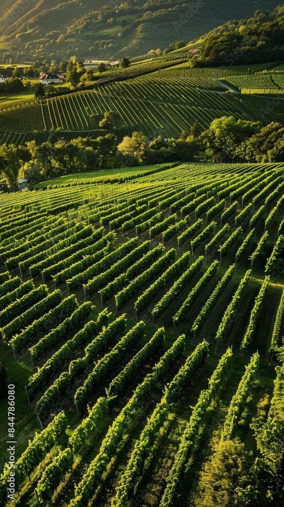 Fototapeta premium Abundant Grape Vineyards from Above: Prosperous Winery Landscape Aerial View