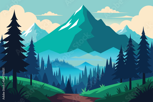 Beautiful landscape of coniferous forest with plants and shrubs. A magnificent forest clearing against the backdrop of stunning mountains vector illustration