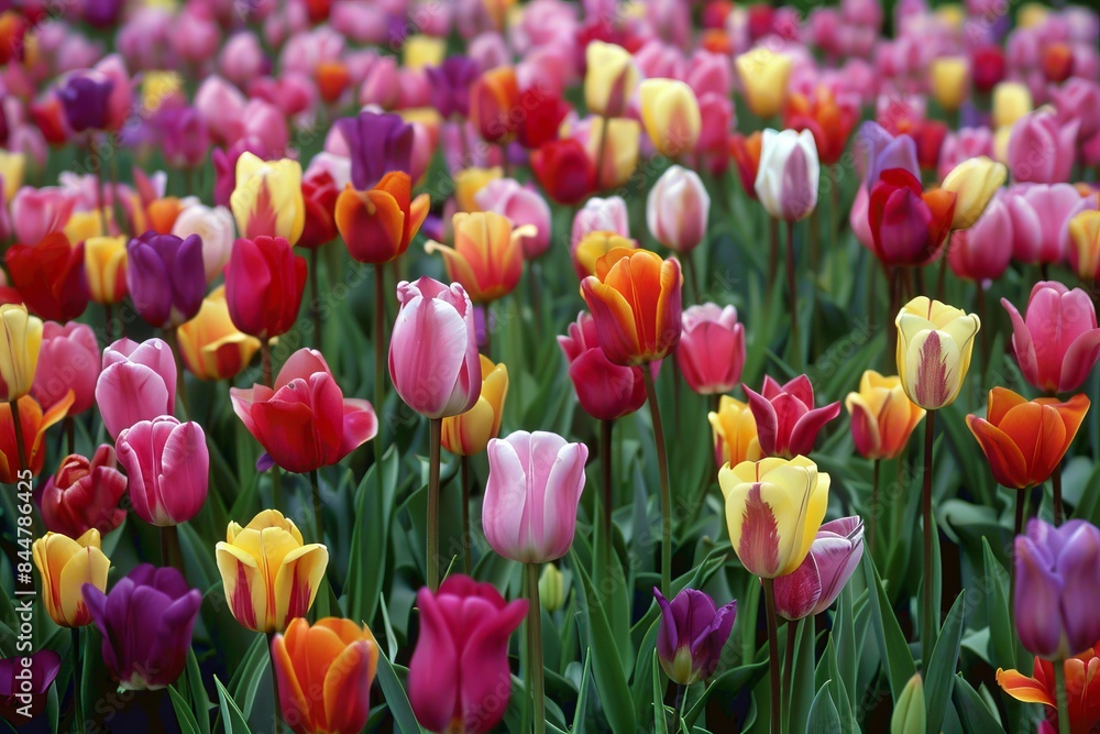 Vibrant Blooms: Colorful Tulip Fields Stretching Across Landscape Vibrant Blooms: Colorful Tulip Fields Stretching Across Landscape