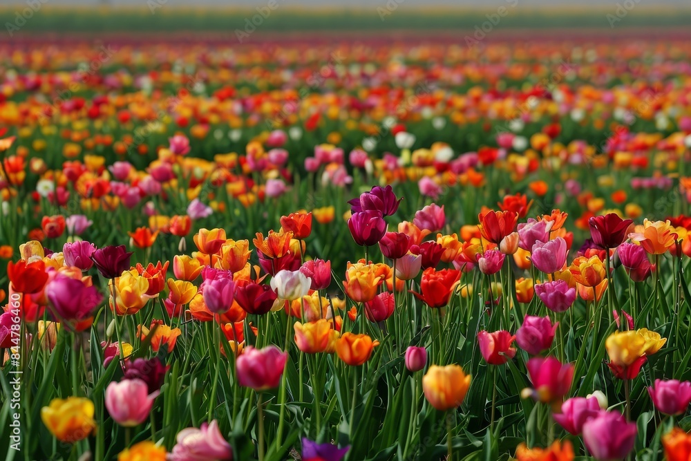 Vibrant Field of Diverse Blooming Tulips Stretched to the Horizon Vibrant Field of Diverse Blooming Tulips Stretched to the Horizon