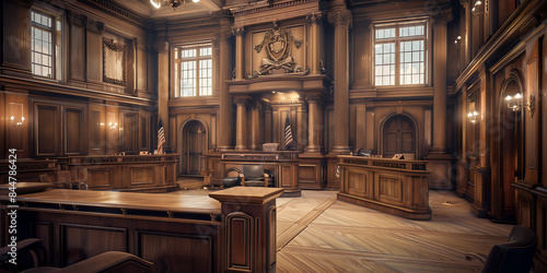 American Courtroom view. Law, legal system, justice or crime concept photo