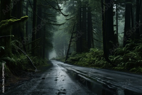 Serene  wet forest road surrounded by tall trees and lush ferns shrouded in mist