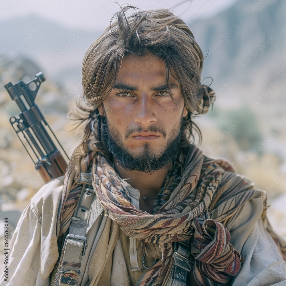 Obraz premium a man with a beard and a rifle in the mountains