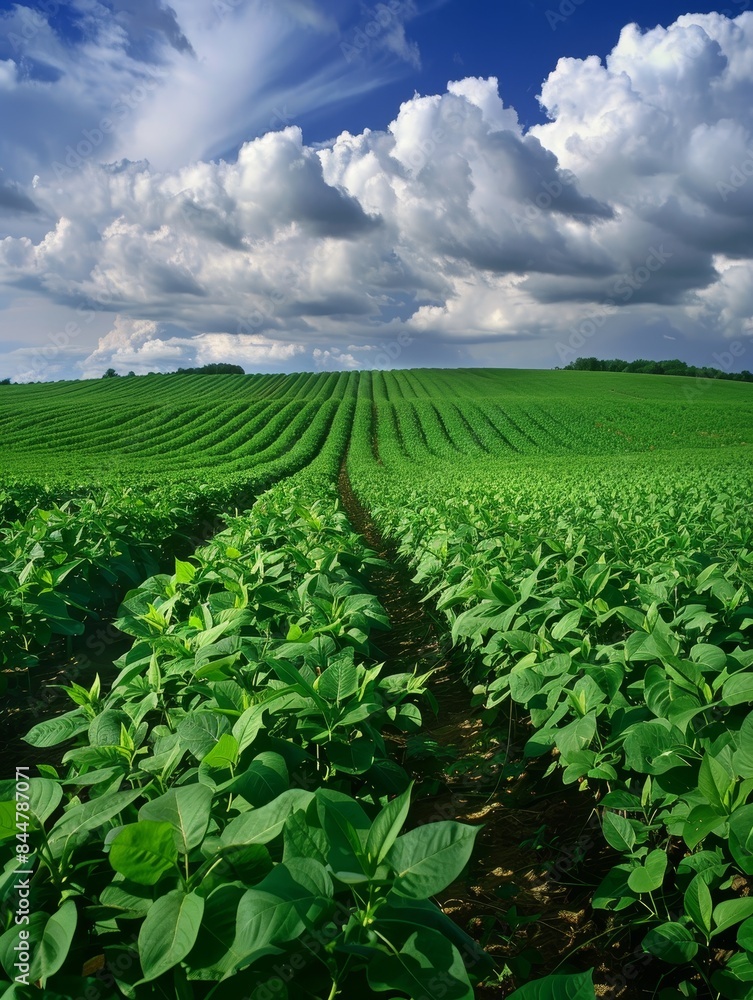 Serene Landscape of Lush Green Soybean Fields Beneath a Partly Cloudy Sky Serene Landscape of Lush Green Soybean Fields Beneath a Partly Cloudy Sky