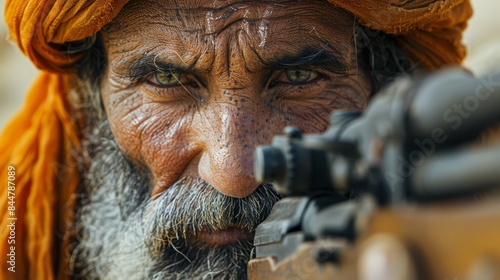 an old man with a beard and turban is holding a gun photo