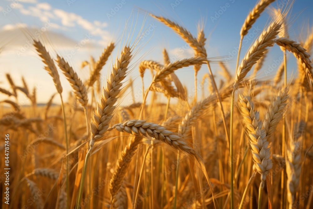 Fototapeta premium Close-up of ripe wheat ears with warm sunlight and blue sky
