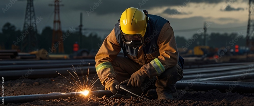 Skilled welder assembling durable pipelines for infrastructure project, well lit, but full of determination, the weather is cloudy but without rain, it is dark outside Skilled welder assembling durable pipelines for infrastructure project, well lit, but full of determination, the weather is cloudy but without rain, it is dark outside
