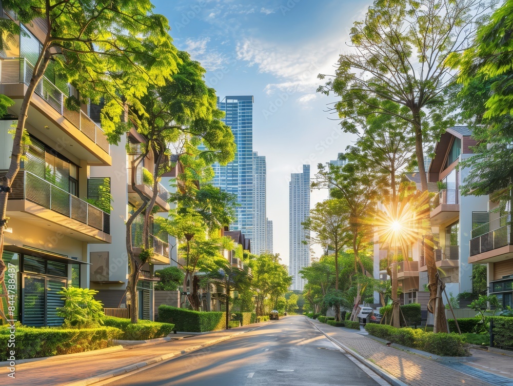 Futuristic Urban Oasis: Vibrant Residential Area in Bangna with Modern Architecture and Lush Greenery Futuristic Urban Oasis: Vibrant Residential Area in Bangna with Modern Architecture and Lush Greenery