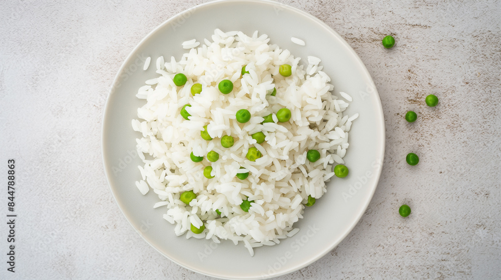 Rice and Peas in a plate on a light background, Vegetarian food Rice and Peas in a plate on a light background, Vegetarian food