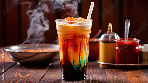 Thai tea, tall, plastic glass, no cover