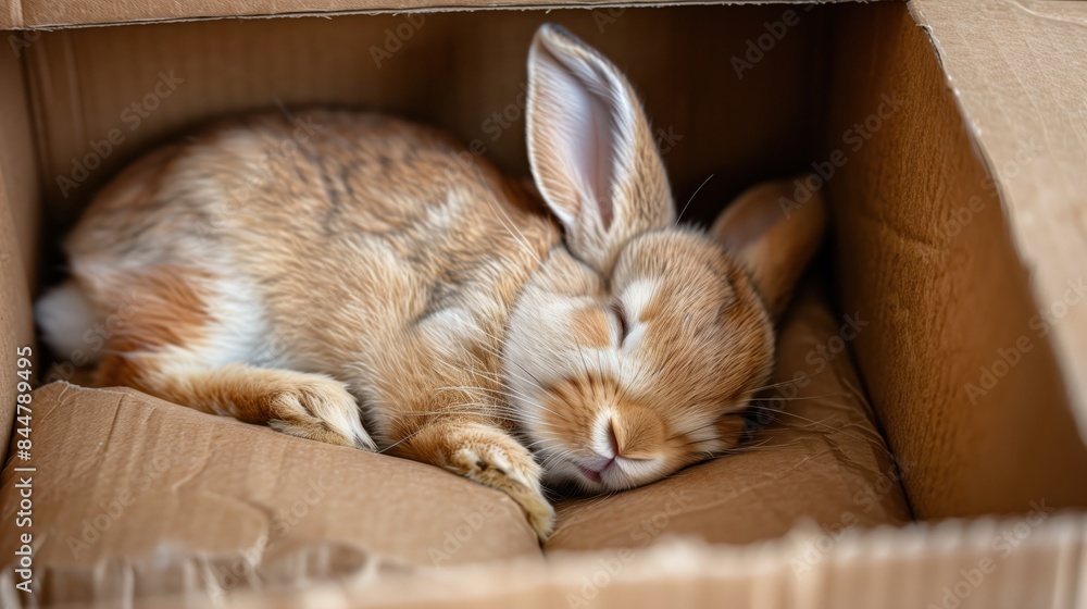 Obraz premium Adorable fluffy bunny sleeping peacefully in a cardboard box, showcasing its soft fur and large ears, perfect for animal care and wildlife themes.