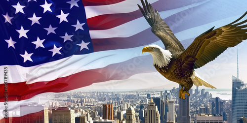 Bald Eagle Soaring Over New York City Skyline with American Flag Background