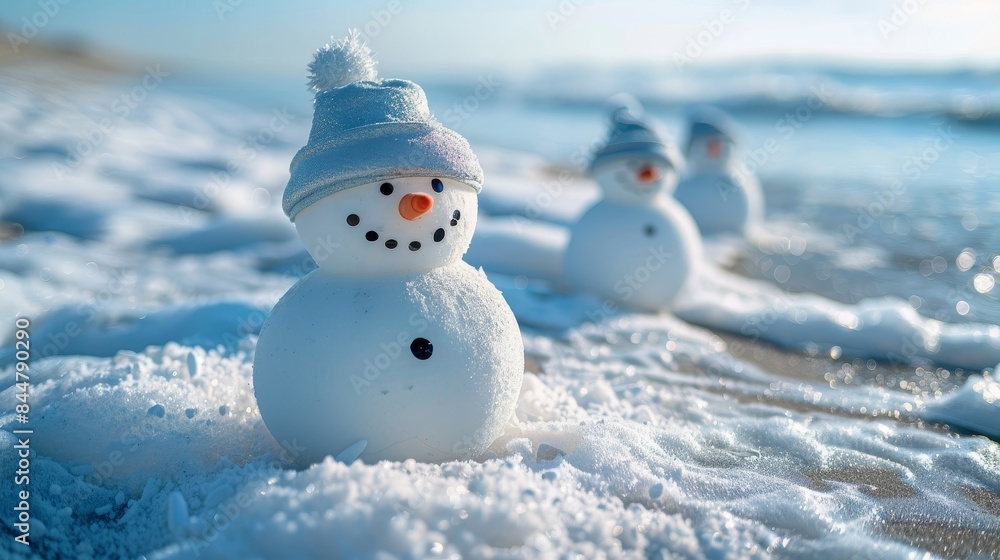 A snowman is standing on the beach with two other snowmen behind him A snowman is standing on the beach with two other snowmen behind him