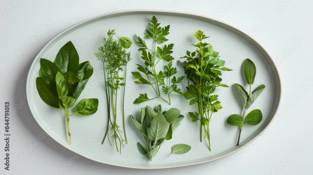 herbs on the plate, creating different patterns and visual compositions. generative ai herbs on the plate, creating different patterns and visual compositions. generative ai