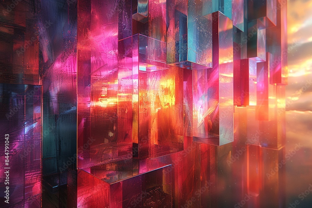 A holographic glitch, geometric shapes fragmenting and reforming in a mesmerizing display.